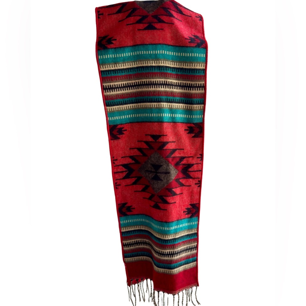 El Paso Saddleblanket Scarf Red Southwest Aztec Fringe 72” - Picture 3 of 8